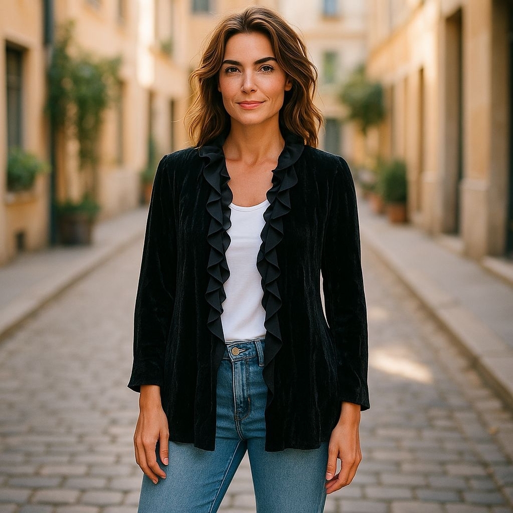 Focus 2000 Black Velvet Ruffled Robe